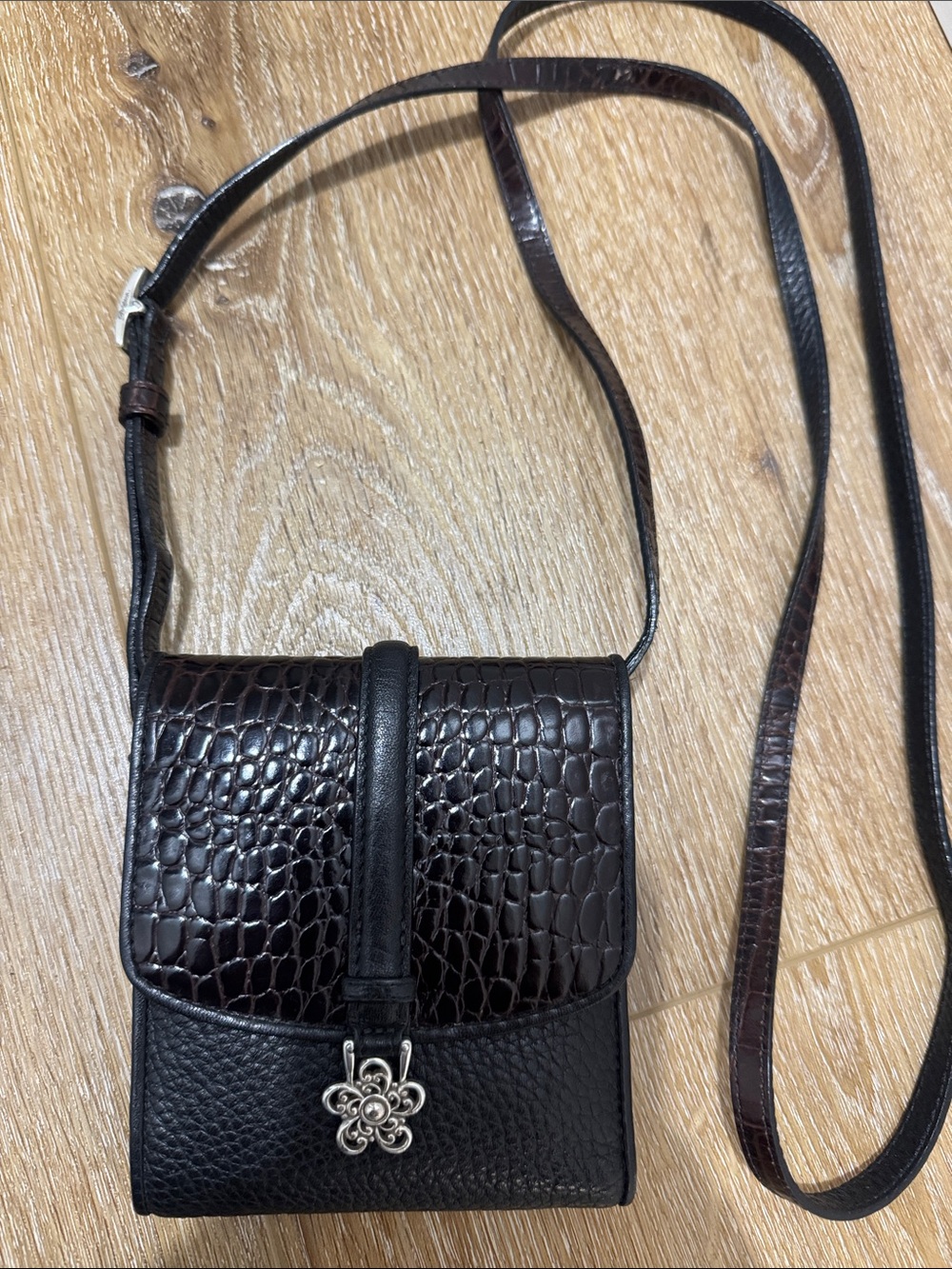 Vintage Brighton Black Crossbody Bag with Silver Fleur Charm